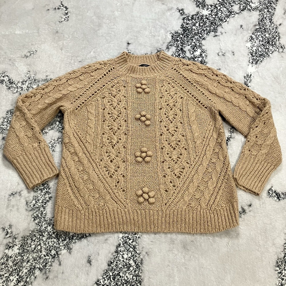 J Crew Alpaca Wool Cable Knit Sweater‎ Womens Medium Camel Bobble Fisherman